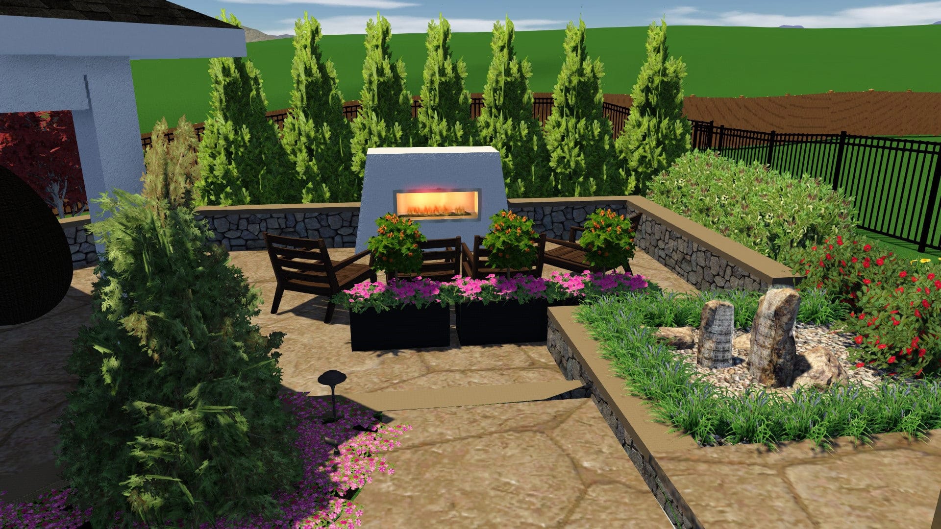 The first destination in this MasterPLAN Outdoor Living space is complete with a custom natural gas fireplace, nearby basalt spire water feature and surrounding seating wall to create the ultimate cozy relaxation and conversation zone.