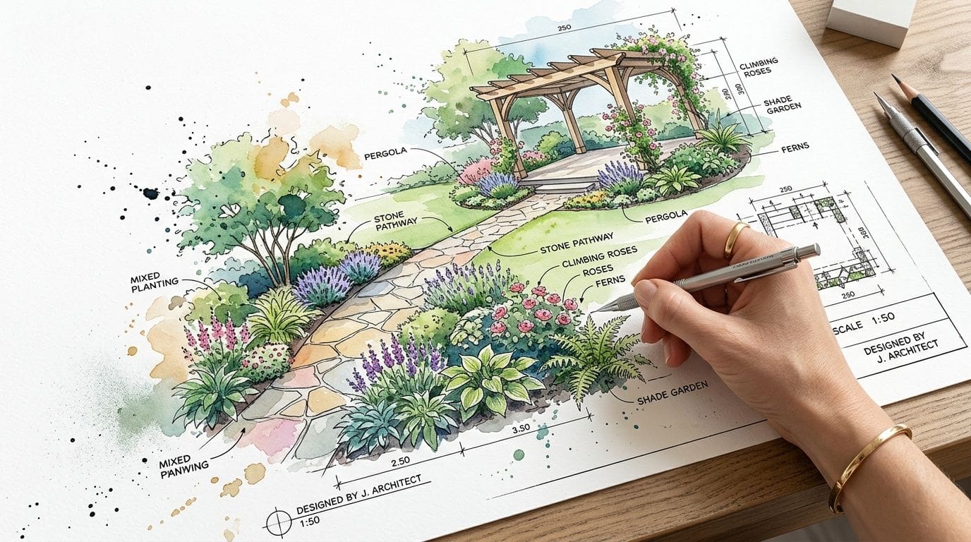 A hand drawing a watercolor garden landscaping design plan with a pergola and stone pathway on paper.