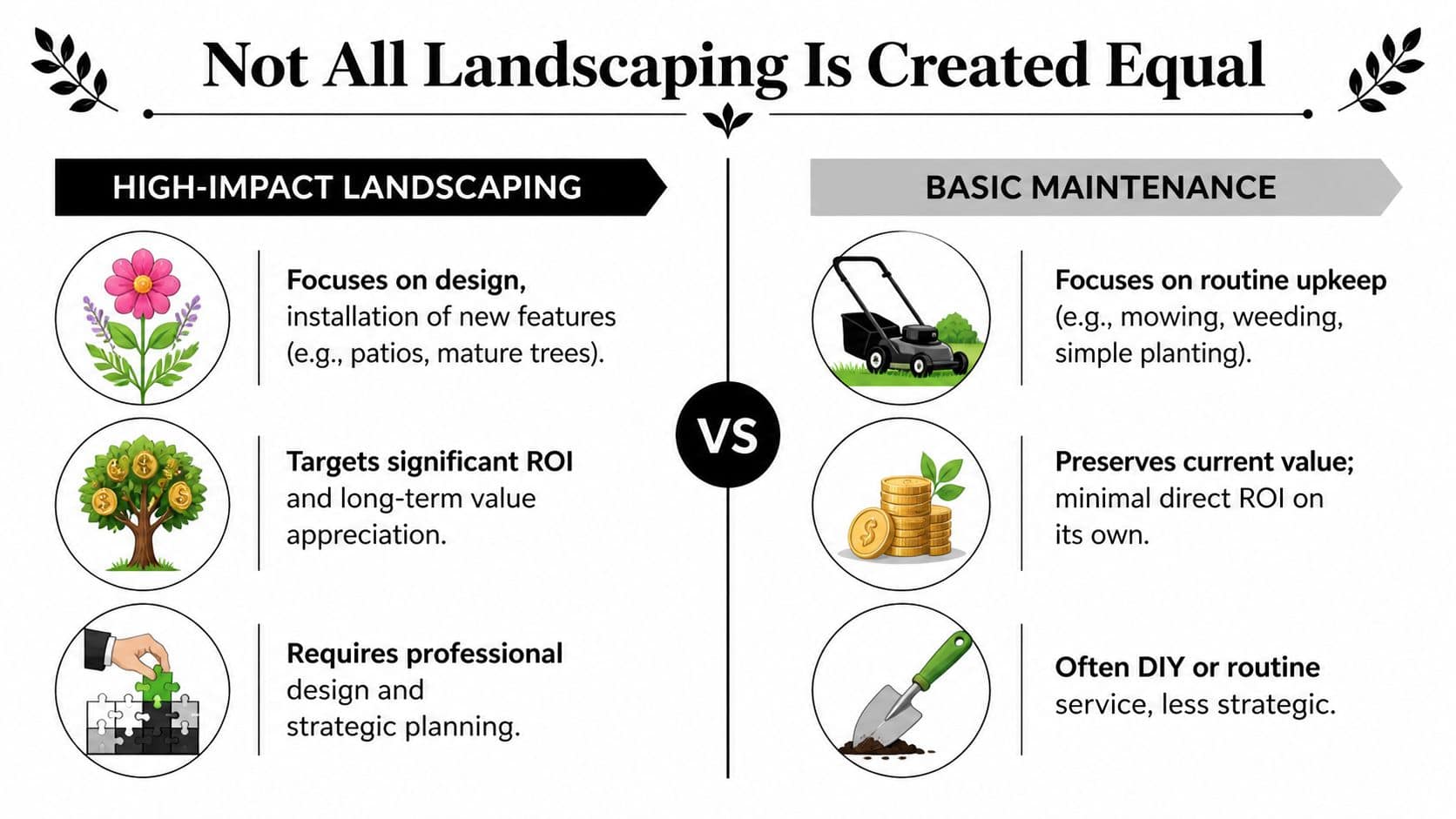 A comparison chart showing the differences between high-impact landscaping and basic lawn maintenance for home value.