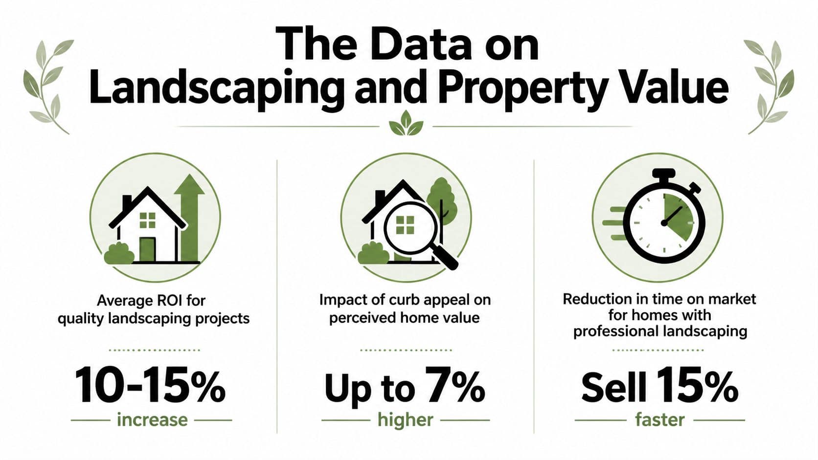 An infographic showing how professional landscaping increases property value, return on investment, and speed of home sales.