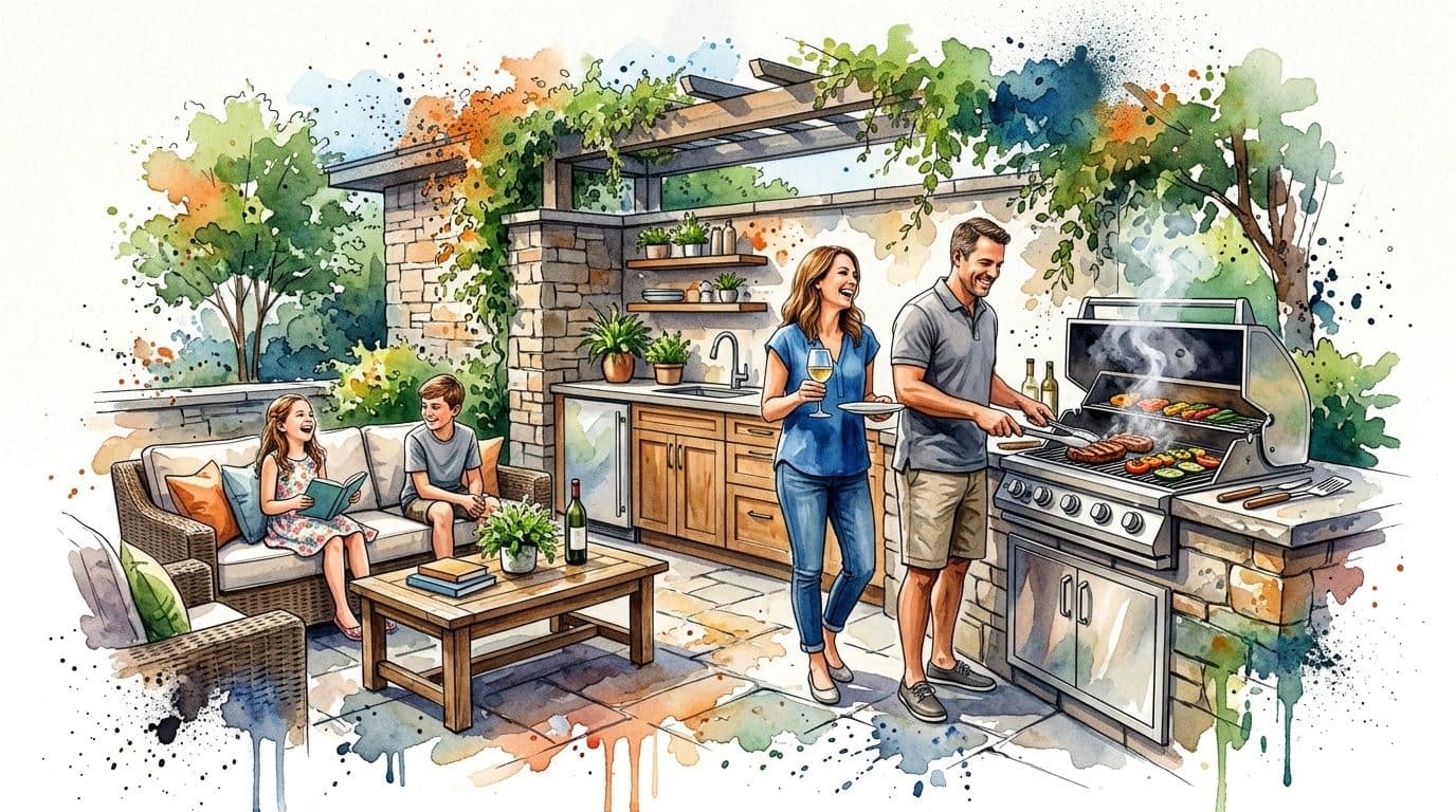 A happy family enjoying a backyard barbecue in a beautifully designed stone outdoor kitchen area.