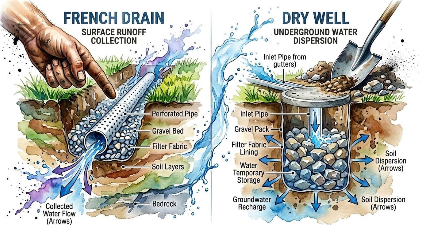 An educational illustration comparing the drainage mechanisms of a French drain and a dry well system.