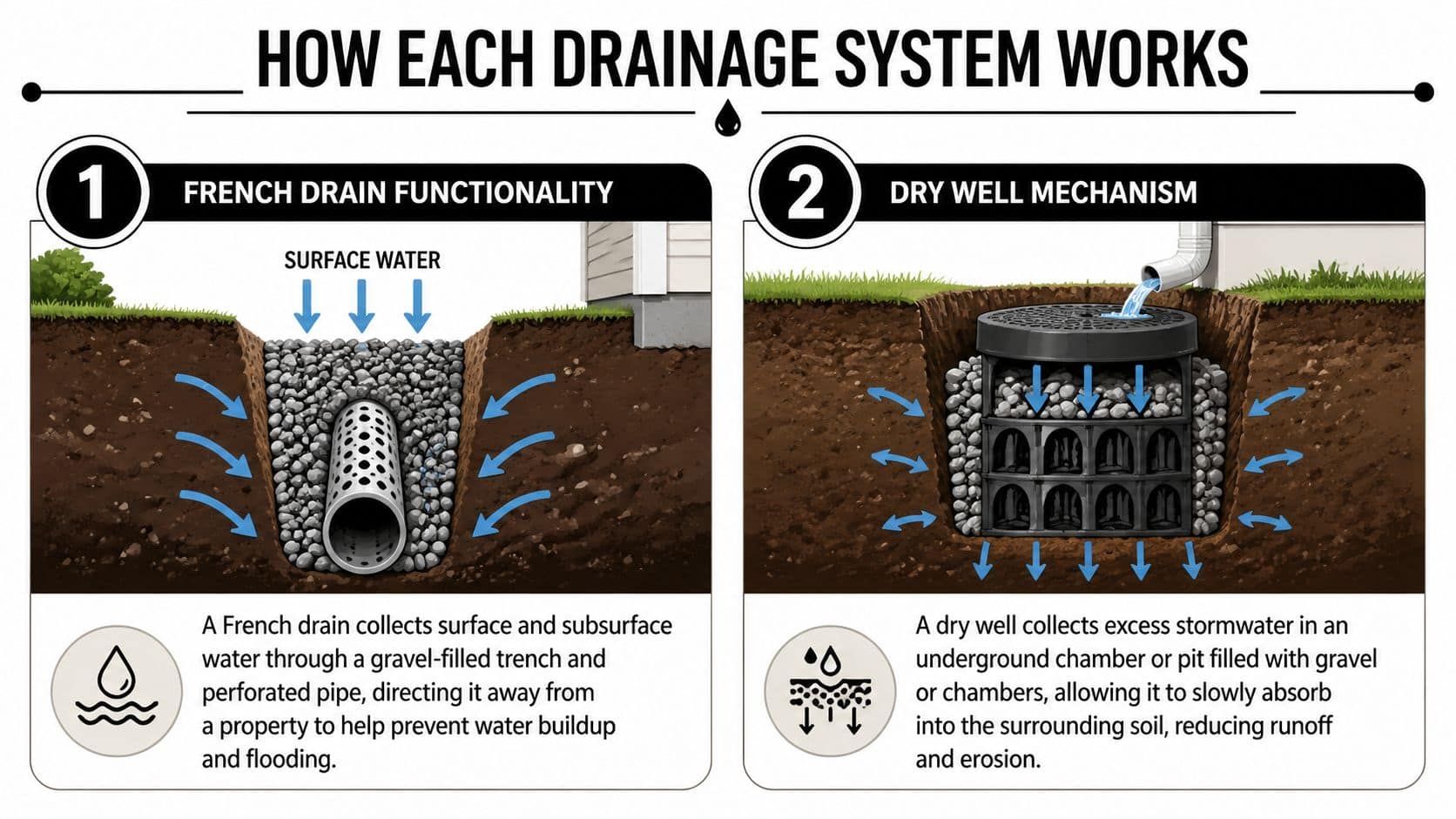 A diagram comparing the functional differences between a French drain system and a dry well drainage mechanism.