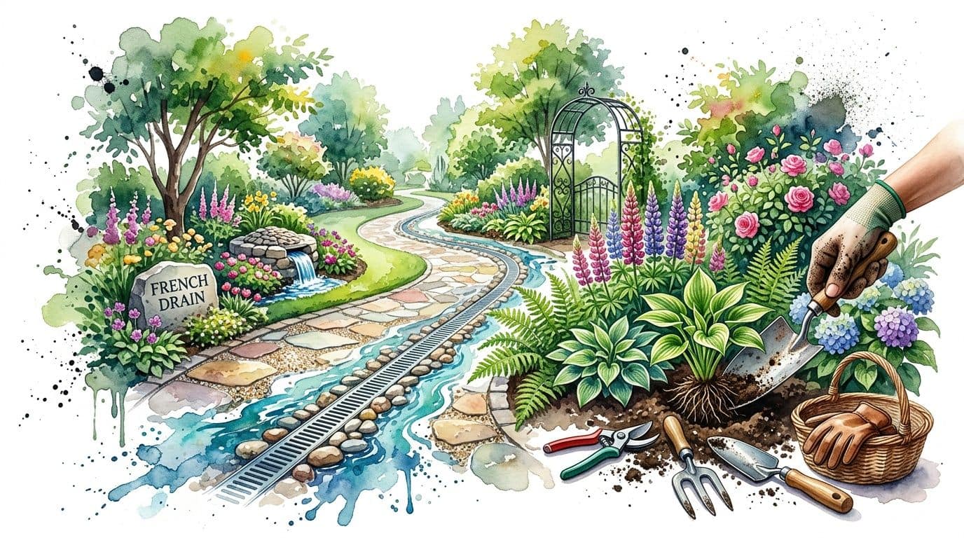 A watercolor illustration of a garden with a French drain, stone path, and person gardening with tools.