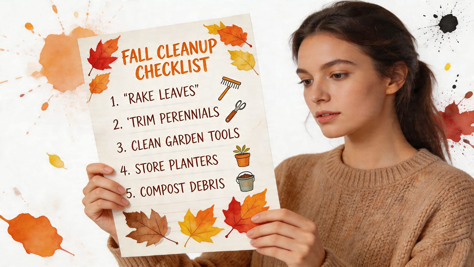 A young woman holding a checklist for fall cleanup tasks in a cozy seasonal setting.