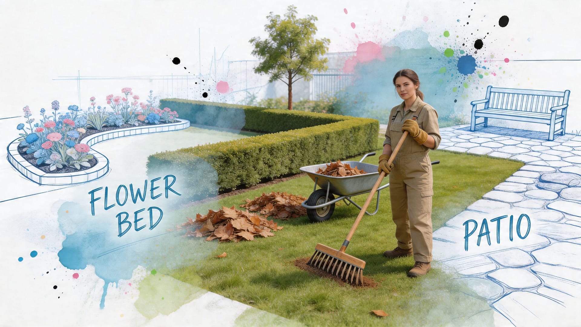 A woman working in a garden raking leaves with a wheelbarrow nearby, featuring illustrated patio and flower bed.