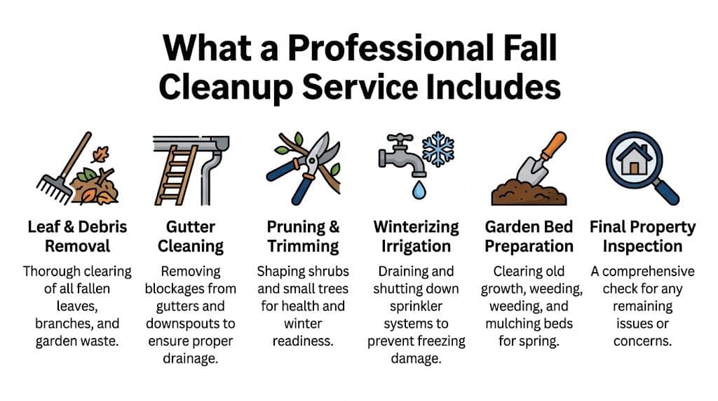 A professional fall cleanup service checklist including leaf removal, gutter cleaning, pruning, winterizing, and garden preparation.