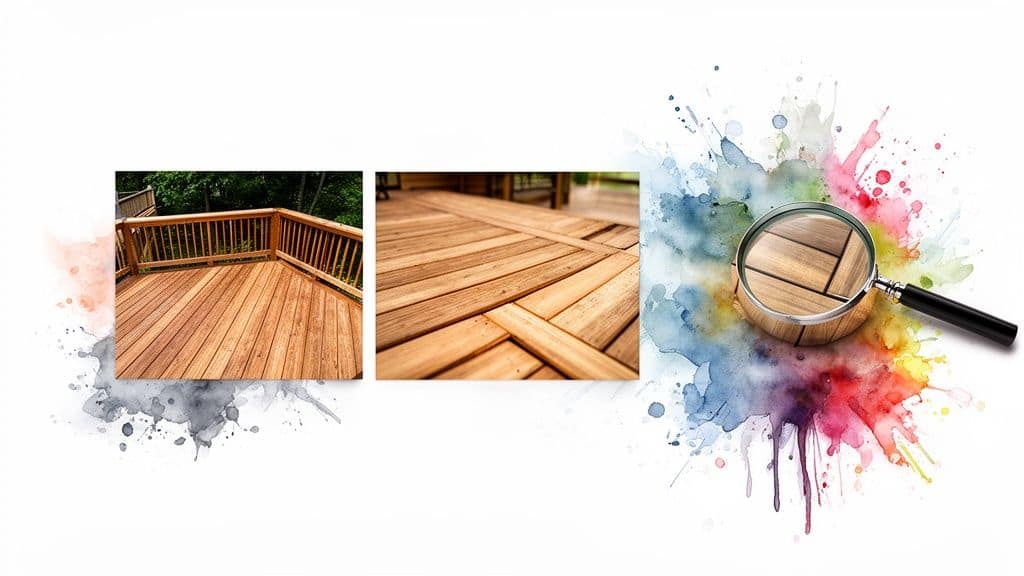 Two images of a wooden deck, one close-up, and a magnifying glass examining wooden planks.
