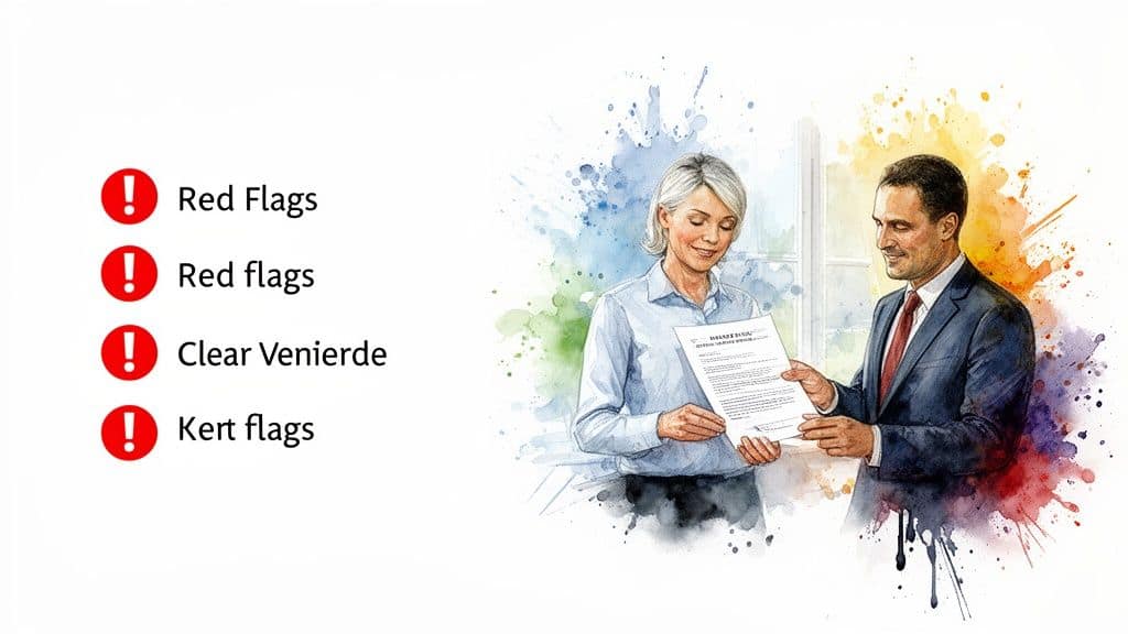 Watercolor illustration of two business people exchanging a document, with a list of red flag warnings.
