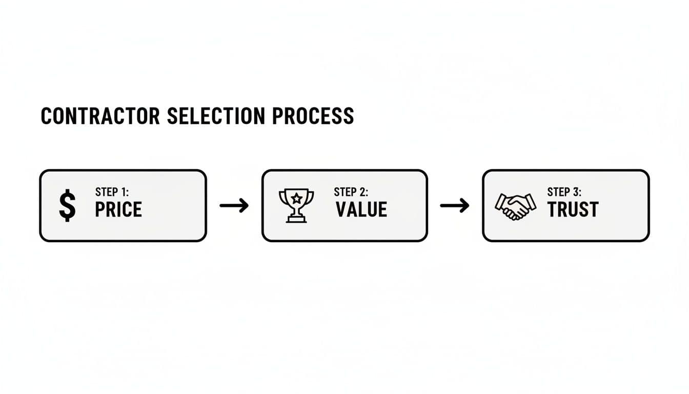 Flowchart illustrating the contractor selection process with three steps: Price, Value, and Trust.