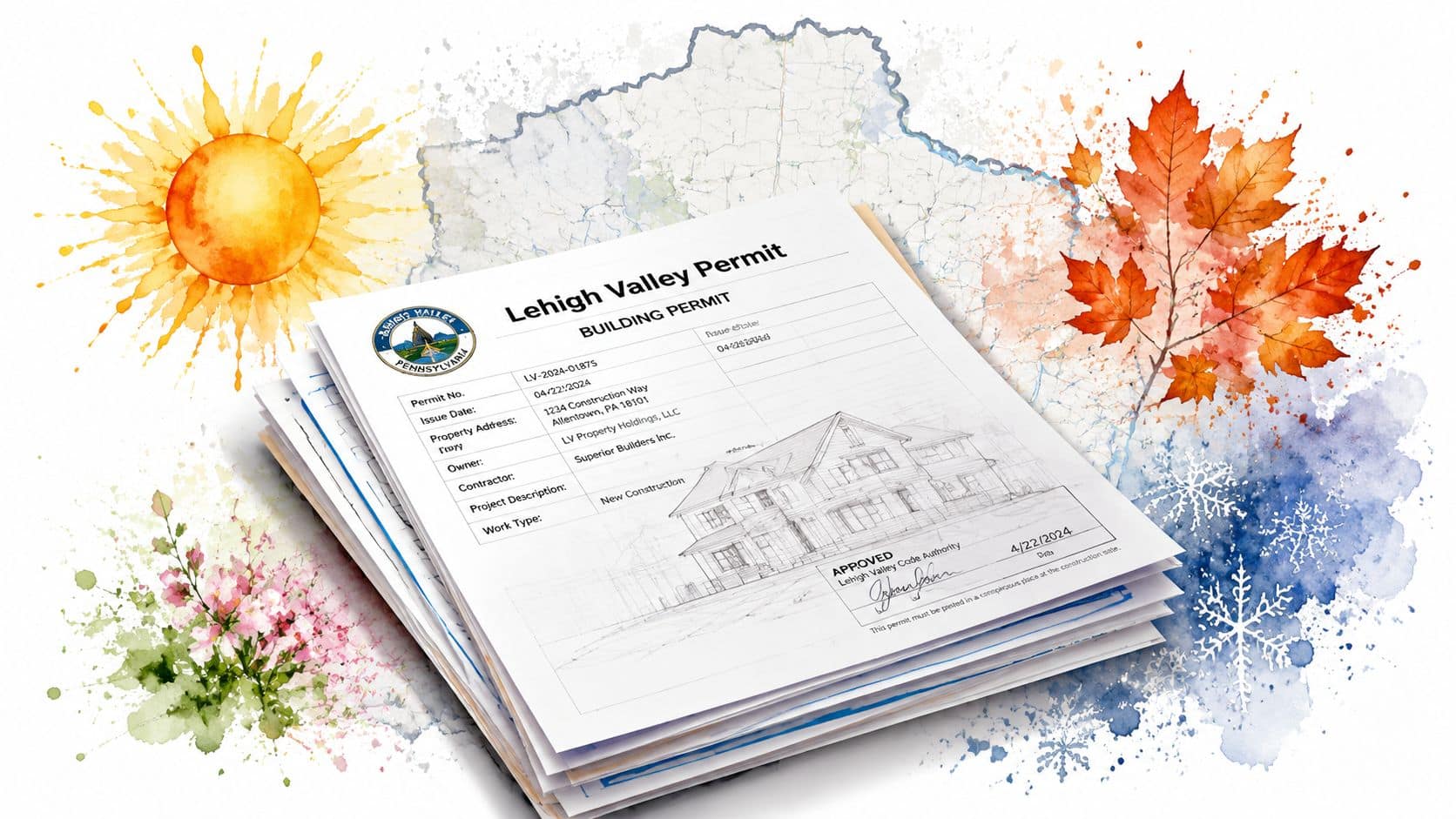 An official Lehigh Valley building permit document sitting on a desk with seasonal decorations around it.
