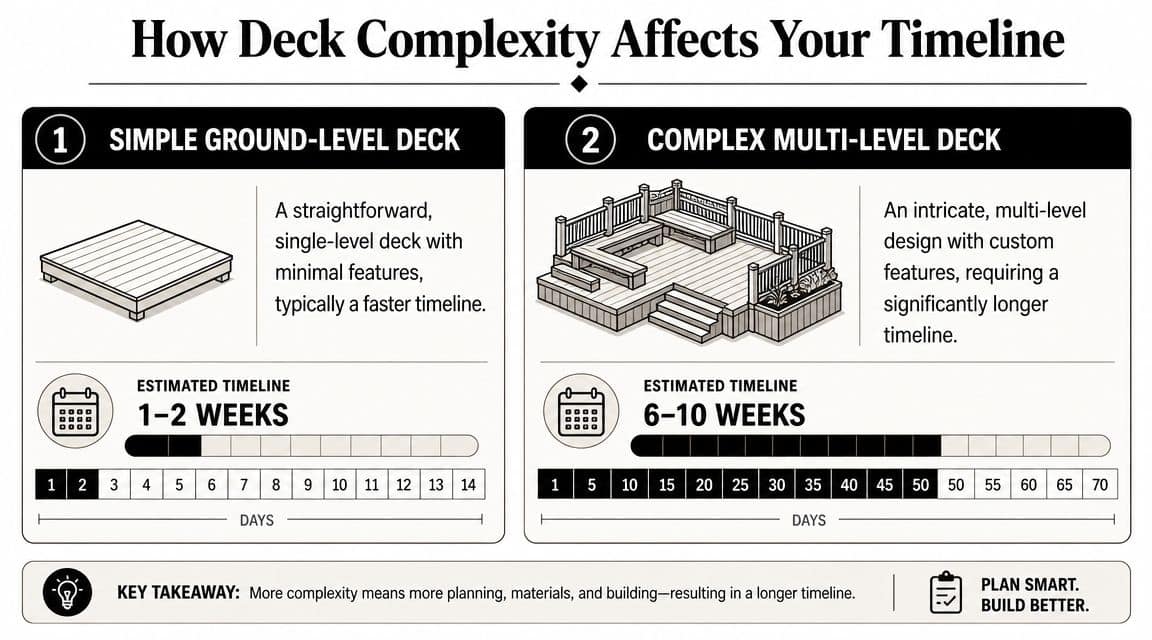 A comparison chart showing how deck complexity affects building timelines from one week to ten weeks.