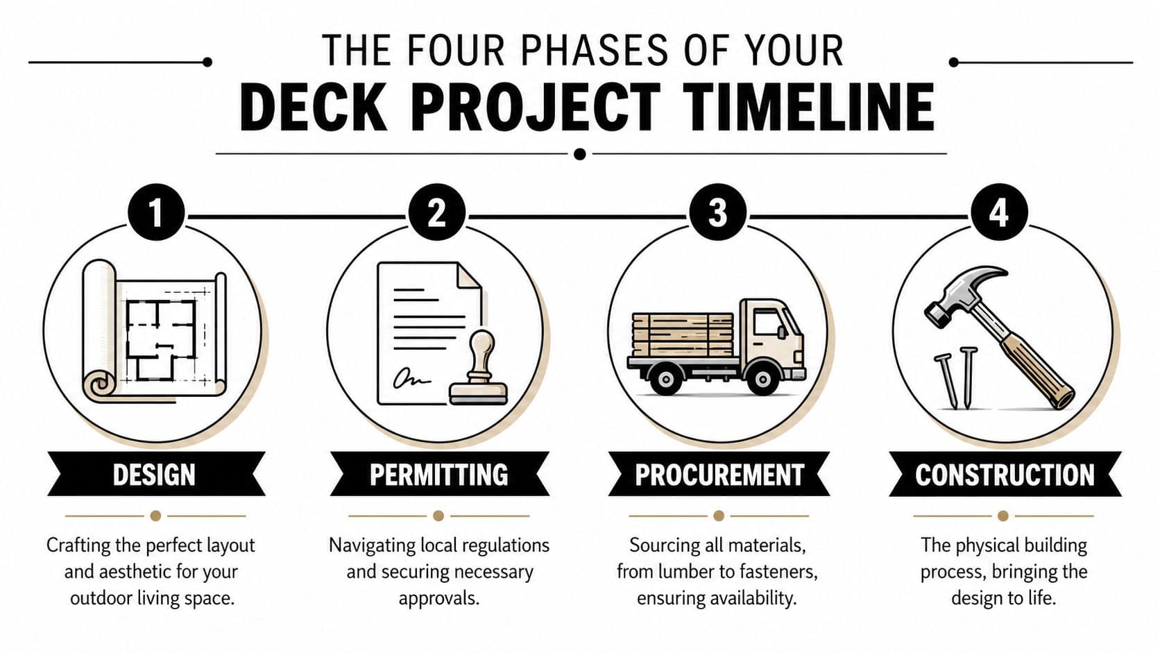 A diagram outlining the four phases of a deck building project: design, permitting, procurement, and construction.