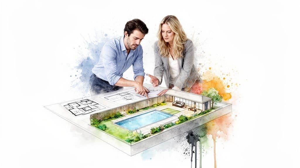 Architects reviewing blueprints and a 3D model of a modern house with a pool and backyard.