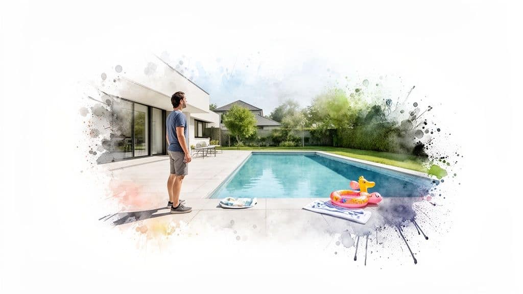 A man stands by a modern backyard swimming pool with a house and garden.