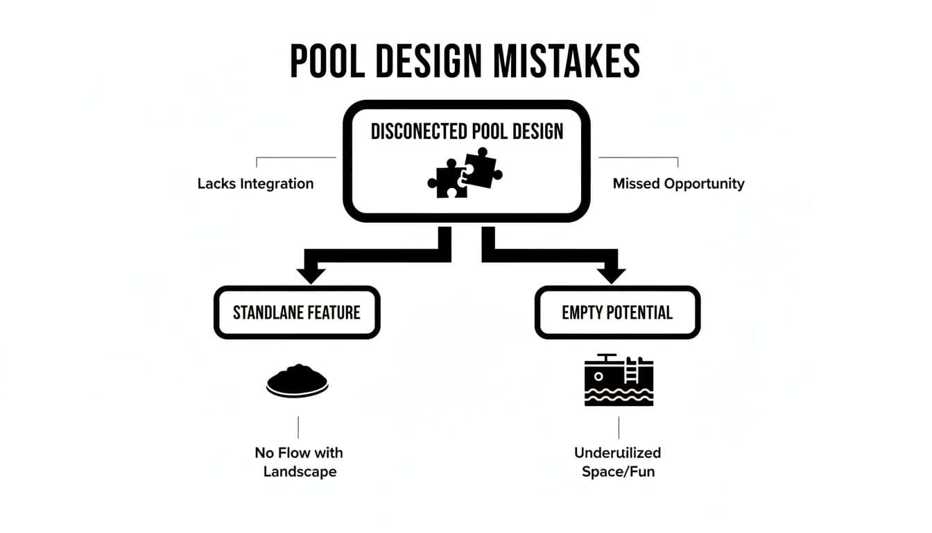Flowchart illustrating common pool design mistakes, focusing on disconnected designs, lack of integration, and underutilized space.