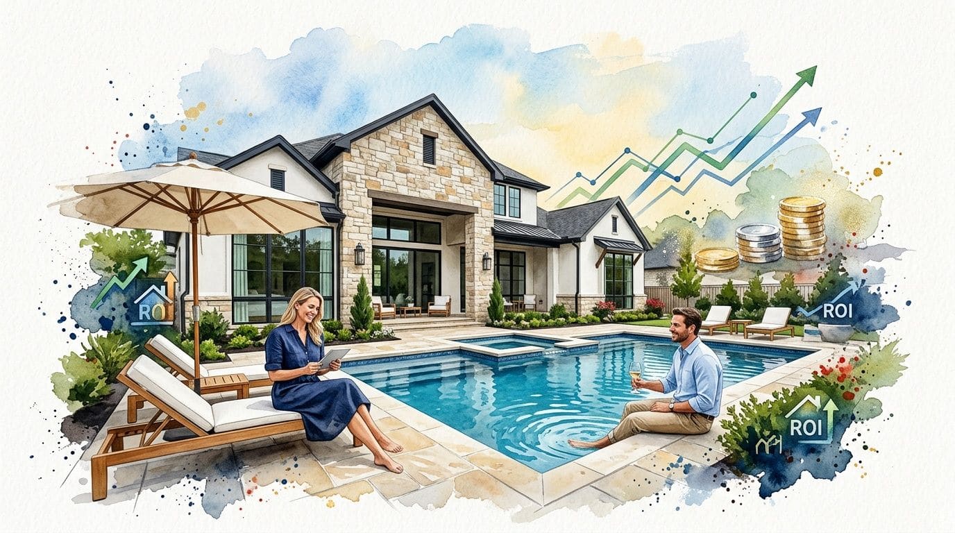 A happy couple relaxing by a luxurious modern inground pool in their beautiful backyard garden.