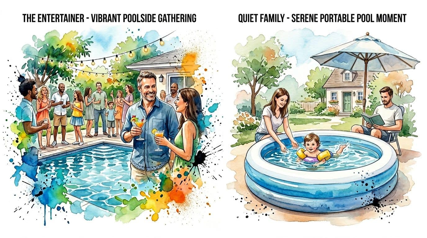 A split image comparing a vibrant backyard inground pool party with a serene above ground portable pool.