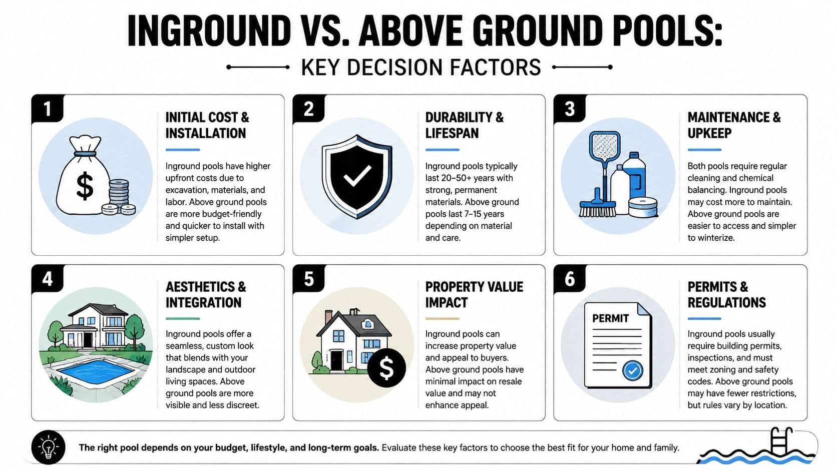 An infographic comparing the key decision factors between inground and above ground swimming pools for homeowners.