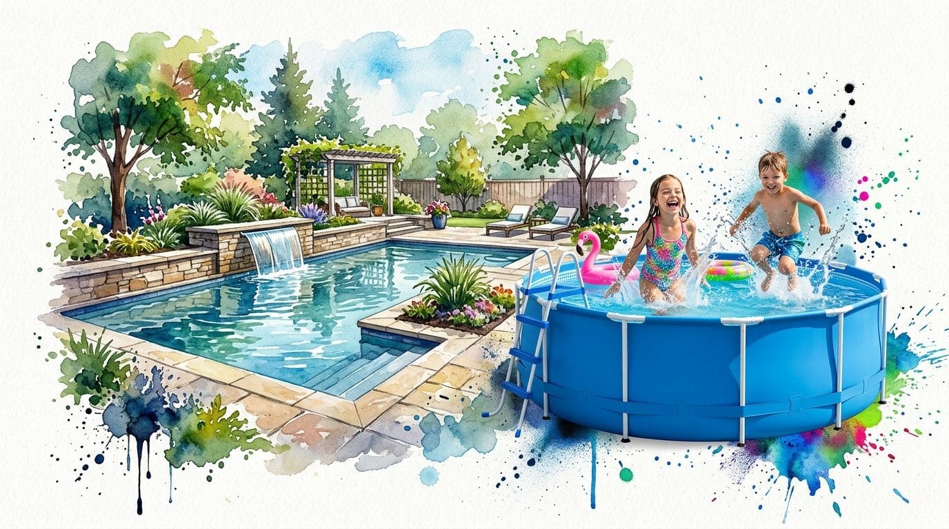 A watercolor illustration comparing a luxury inground stone pool with a blue above ground swimming pool.