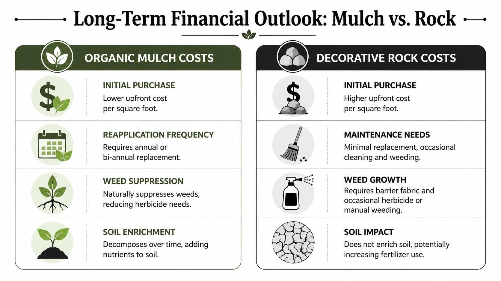 A comparison chart highlighting the financial and practical differences between organic mulch and decorative landscaping rock.