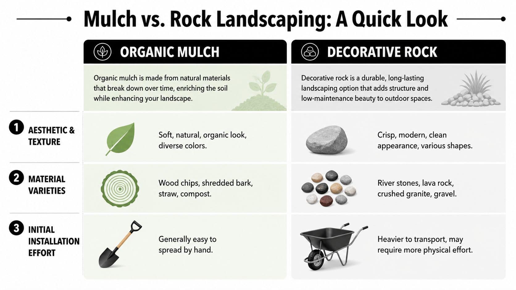 A comparison infographic showing the pros and cons of organic mulch versus decorative rock landscaping options.