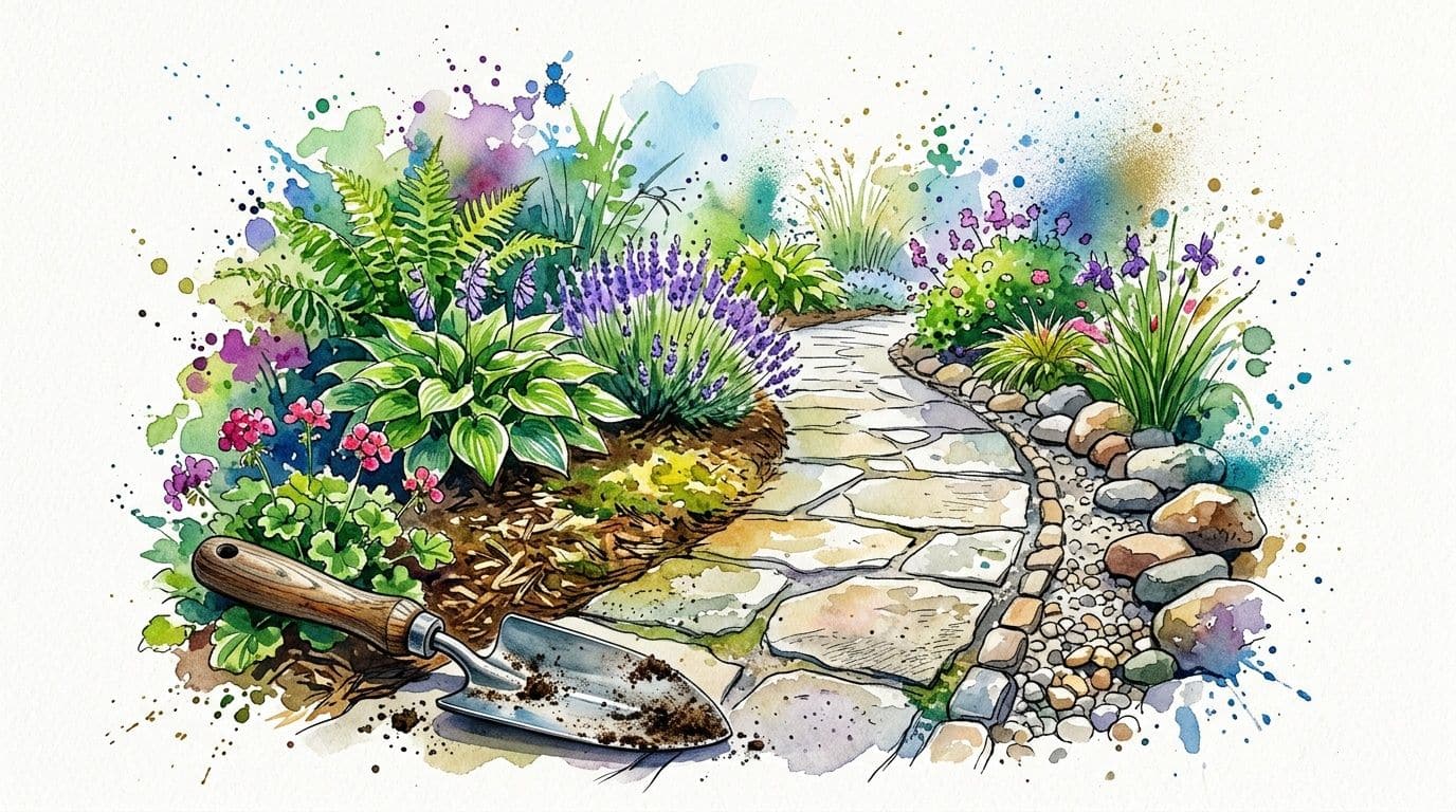 A watercolor illustration of a garden path with mulch, flowers, and stones beside a metal hand trowel.