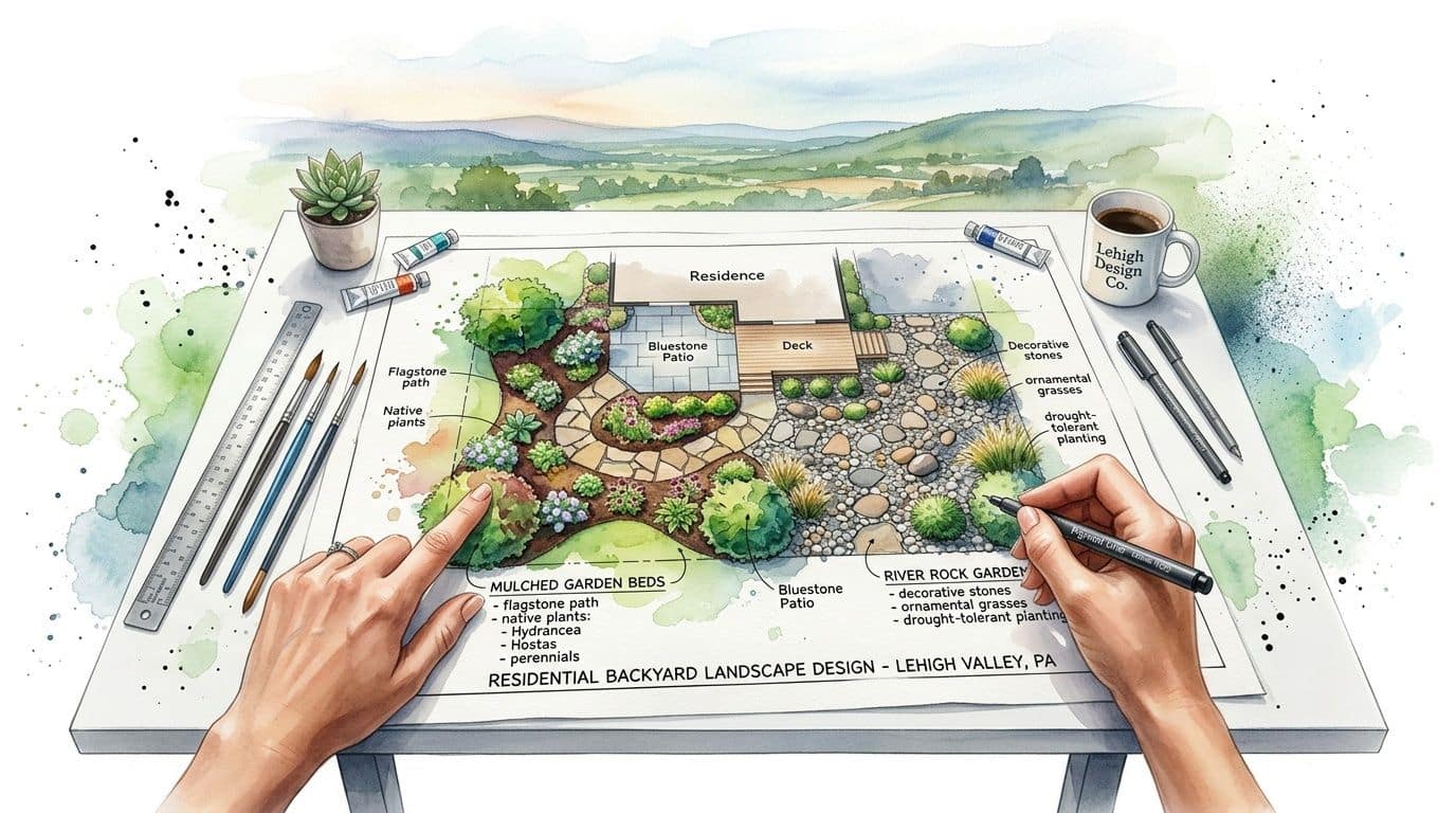 A professional landscape architect designing a residential backyard plan with mulch and river rock garden sections.