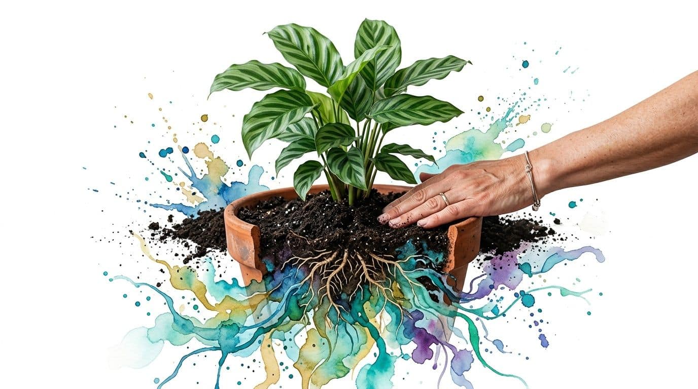 A hand touching soil in a terracotta pot with exposed plant roots and artistic watercolor splashes