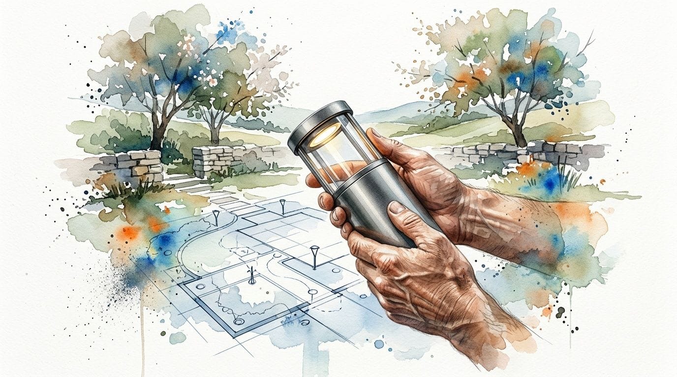 Hands holding a modern outdoor lantern against a watercolor backdrop of a garden lighting design plan.