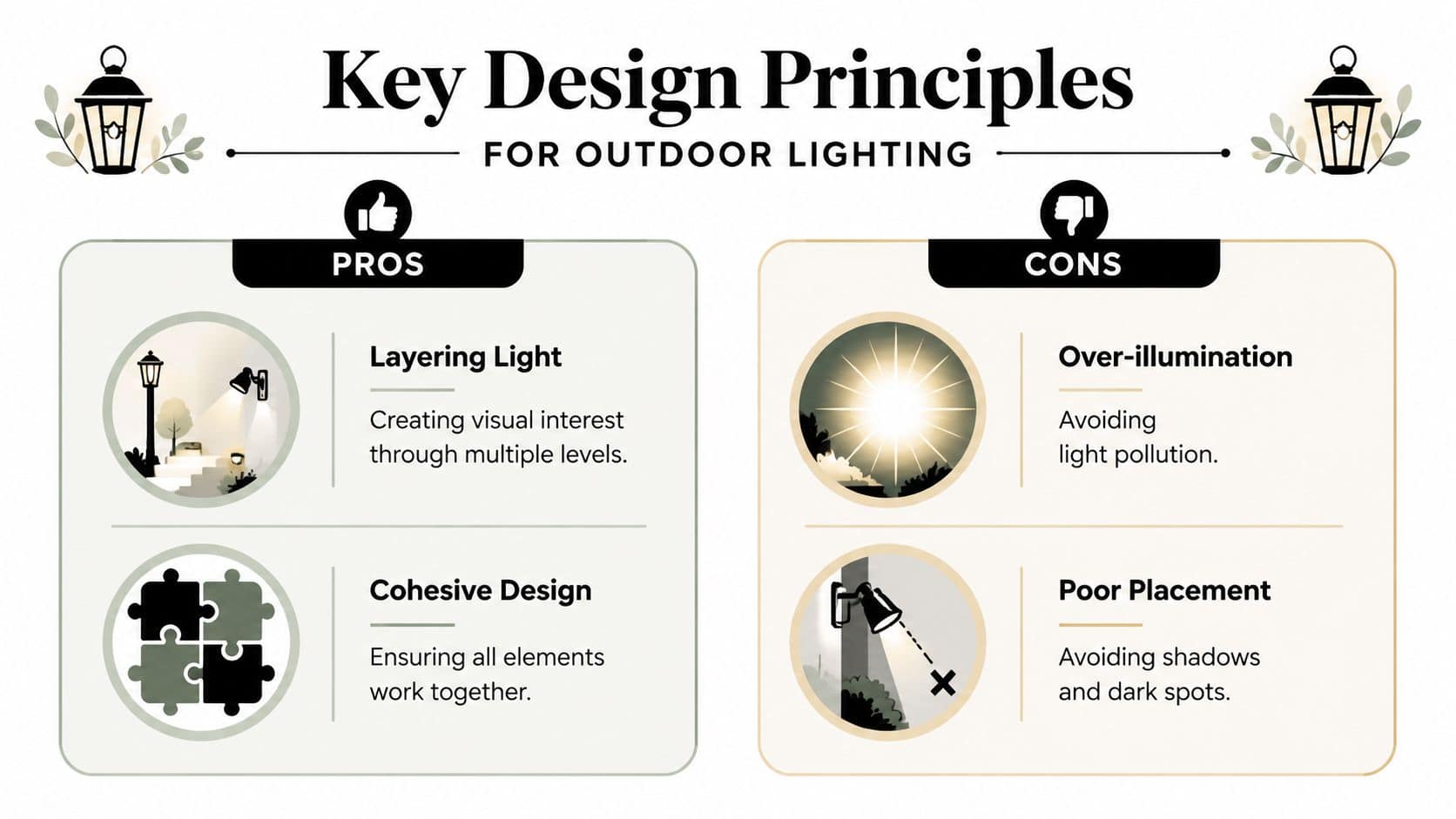 An infographic showing pros and cons of outdoor lighting, including tips on layering, cohesion, and placement.