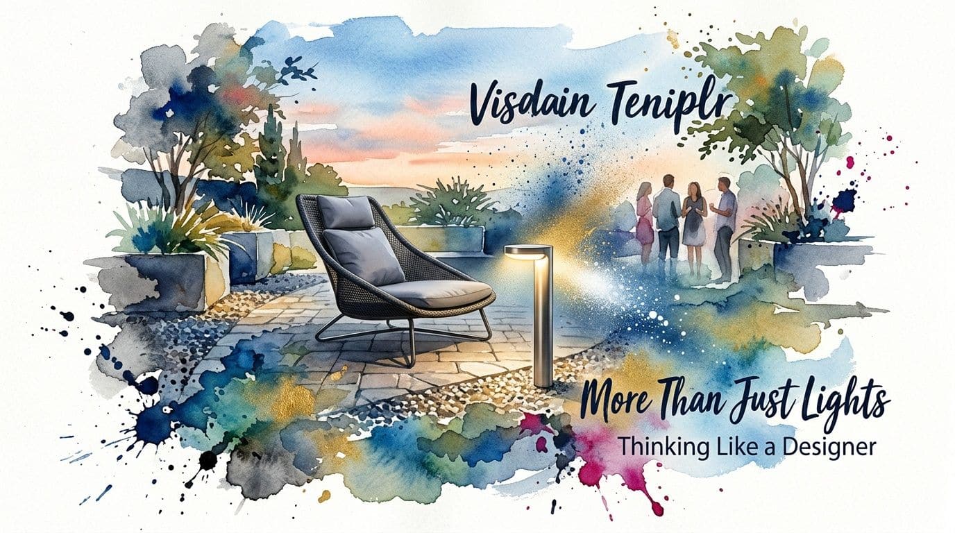 A watercolor-style painting of a modern outdoor patio featuring a cozy lounge chair and stylish lighting.
