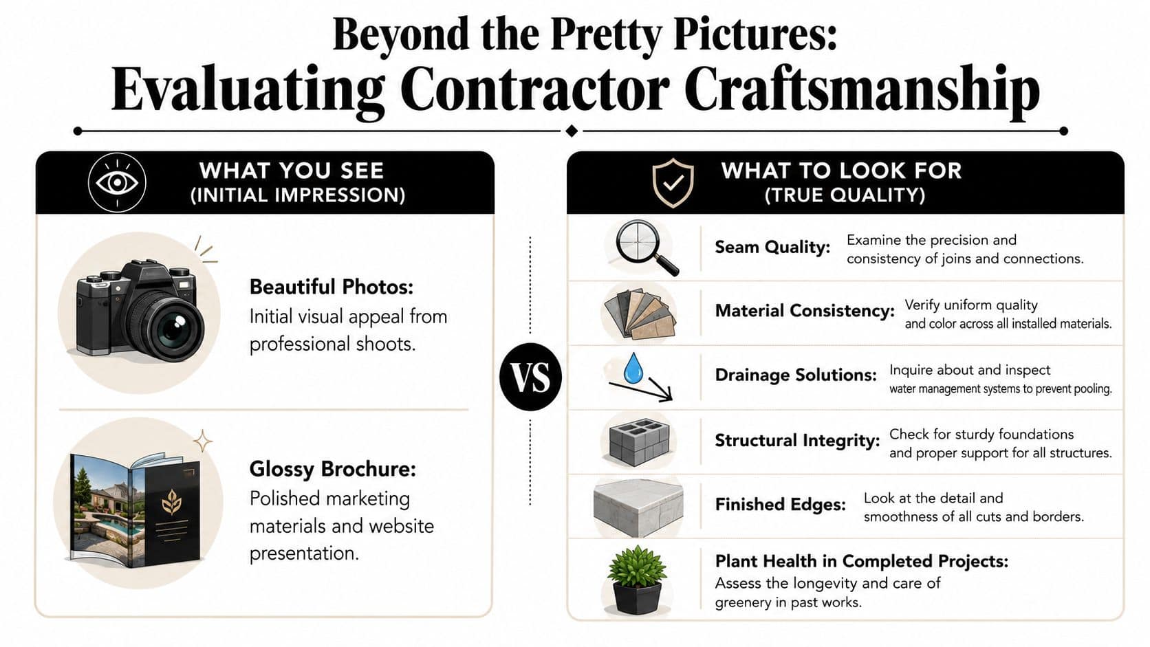 An infographic comparing initial marketing impressions versus true contractor craftsmanship quality for outdoor home improvement projects.