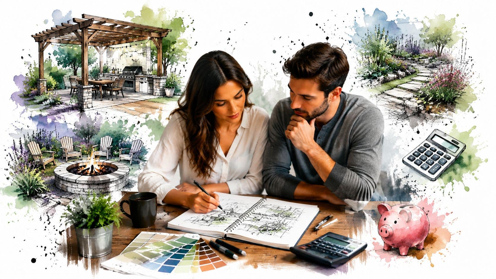 A couple planning a backyard landscape renovation with sketches, paint swatches, and a calculator on a table.
