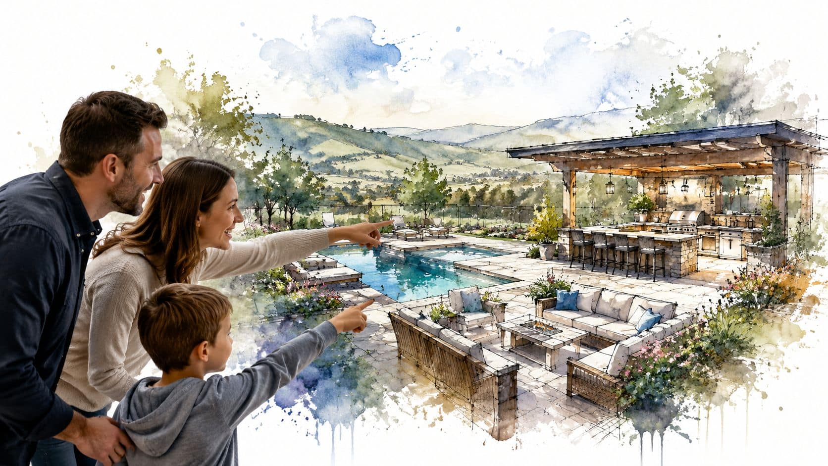 A family looks at a watercolor design concept for a luxury outdoor patio with pool and kitchen.
