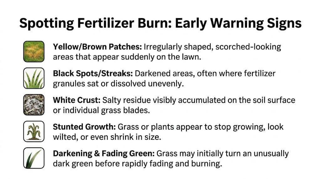 An educational infographic outlining five early warning signs of lawn fertilizer burn, including visual icons and descriptions.