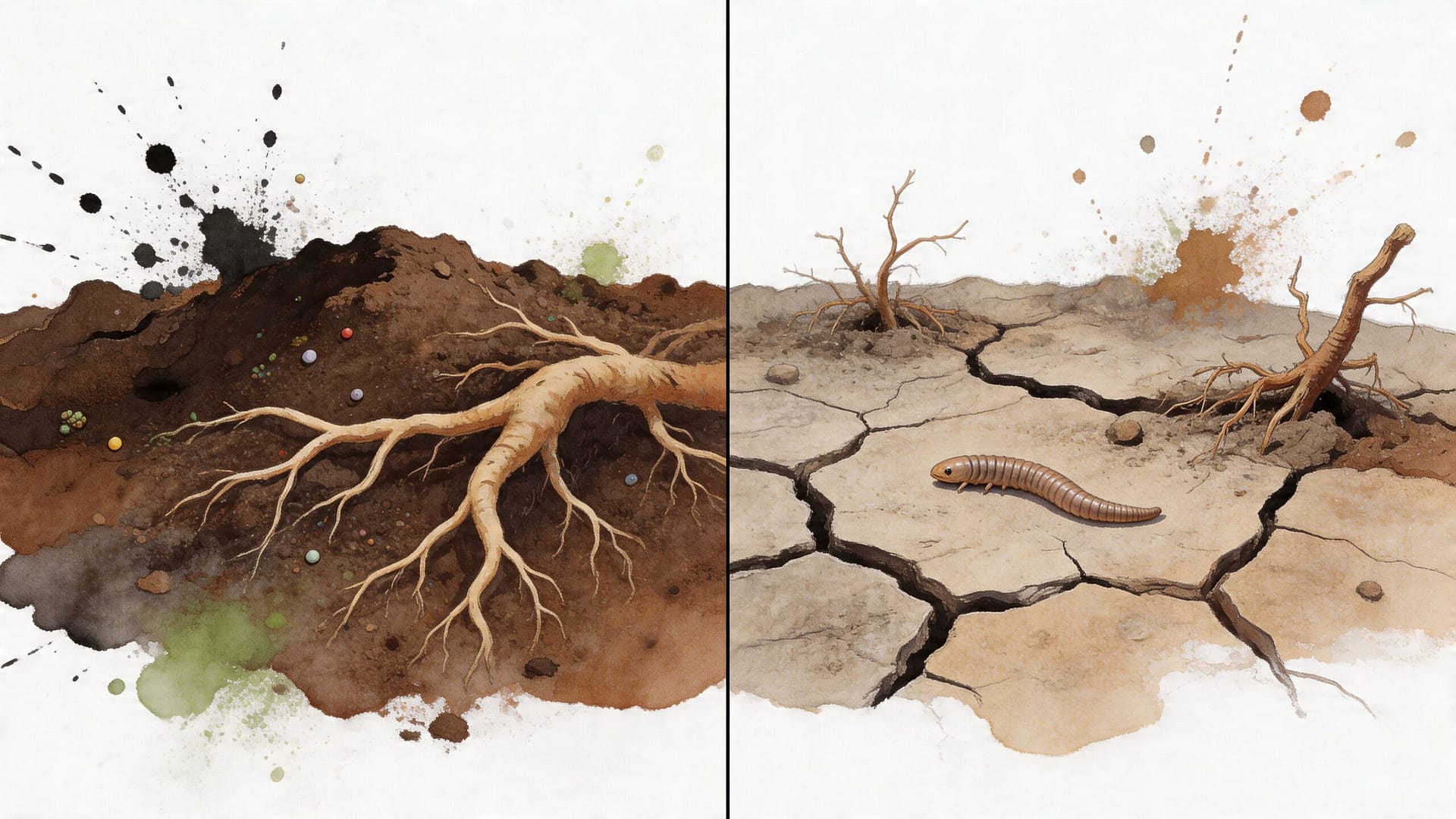 A split image contrasting healthy soil with lush roots against dry cracked earth with a millipede.