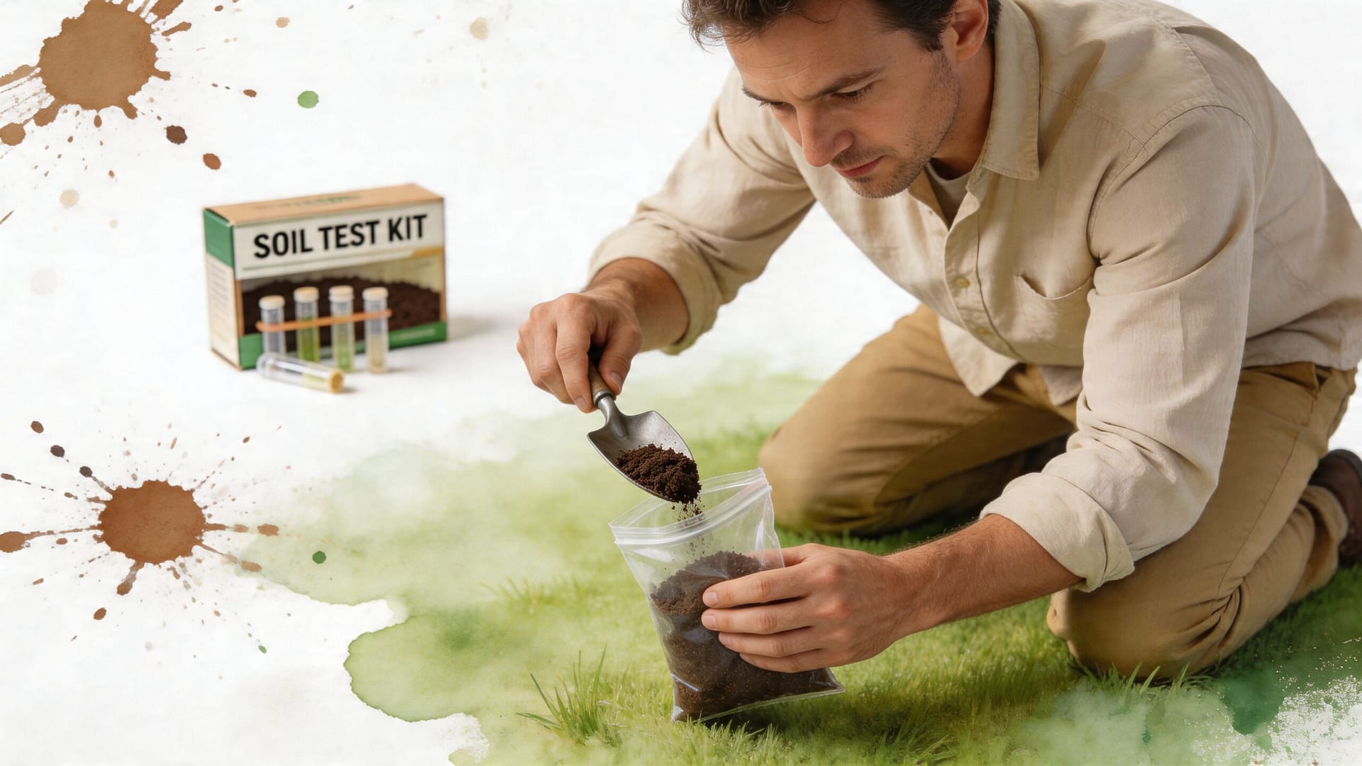 A man carefully collecting soil samples in a plastic bag with a garden trowel for testing.