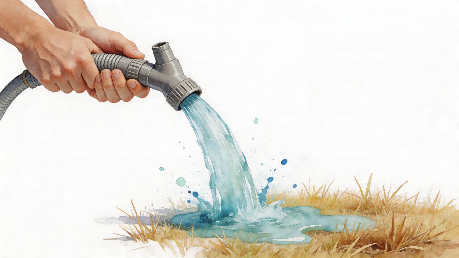 A watercolor illustration of hands holding a hose watering dry, parched grass on the ground.