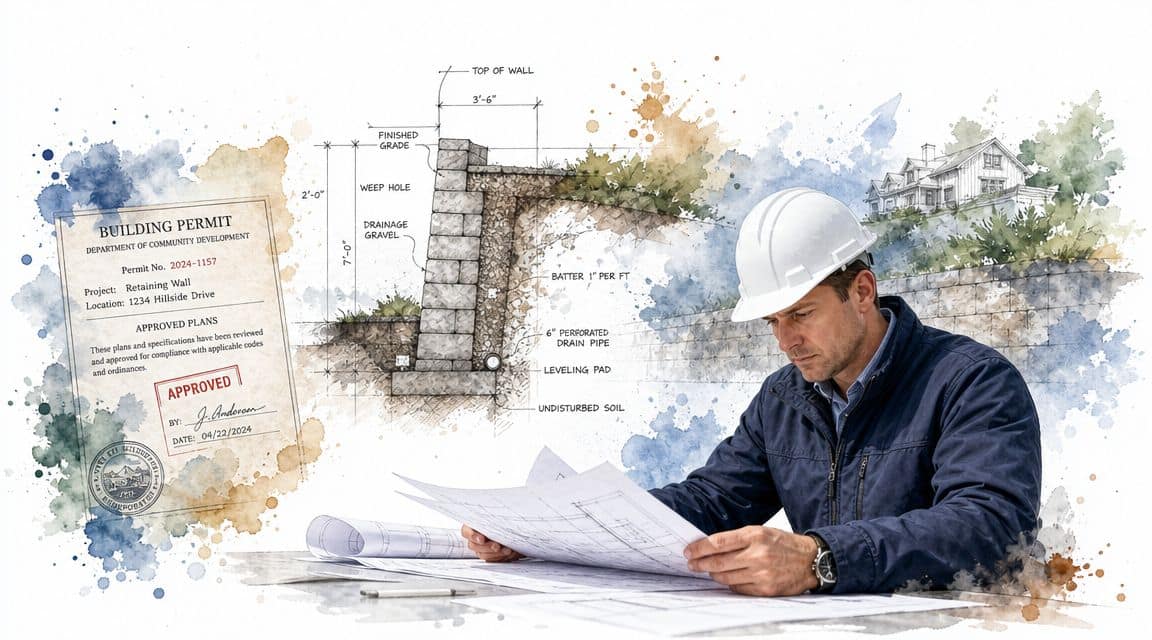 A professional engineer in a hard hat reviewing architectural plans for a retaining wall installation project.