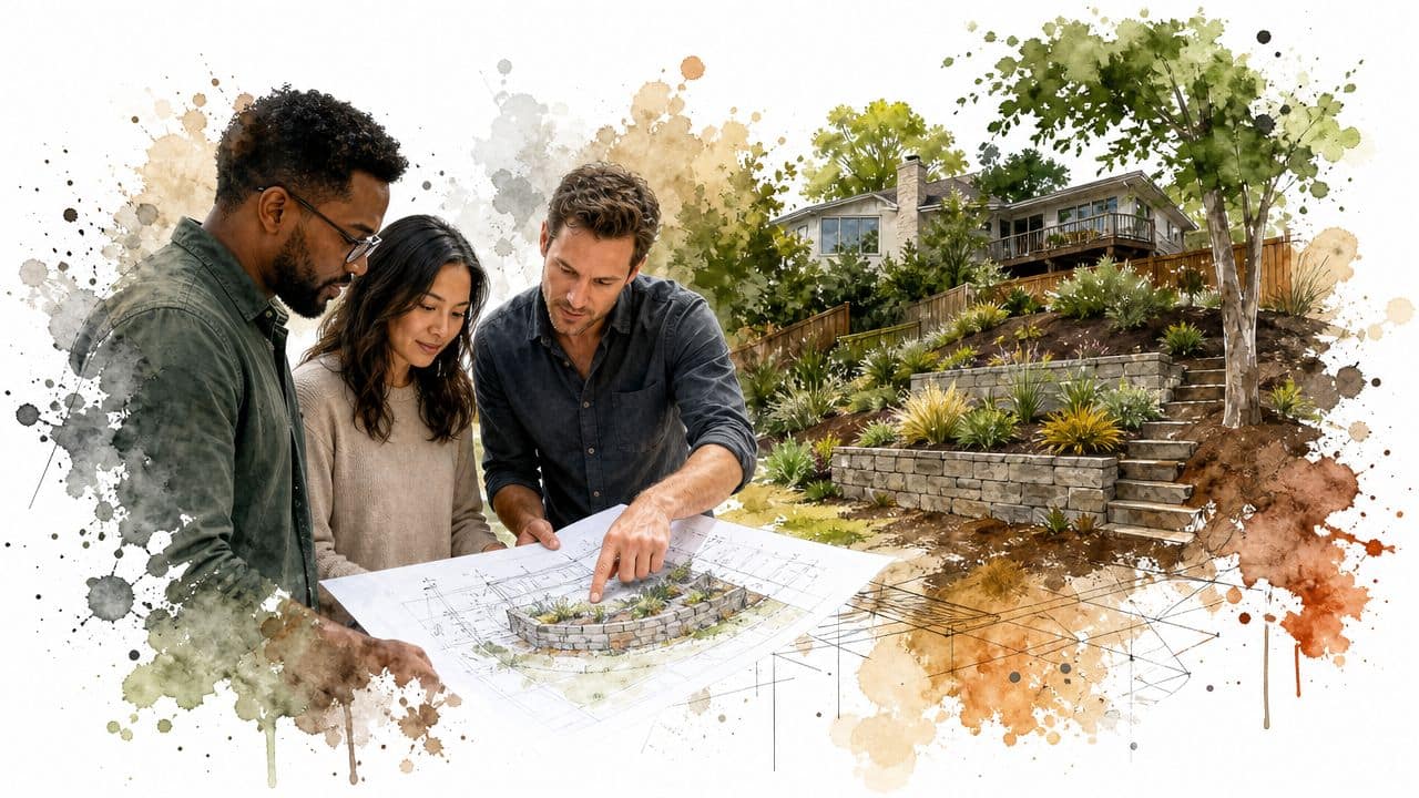 A diverse group of three people planning a landscaping project with a retaining wall design blueprint.