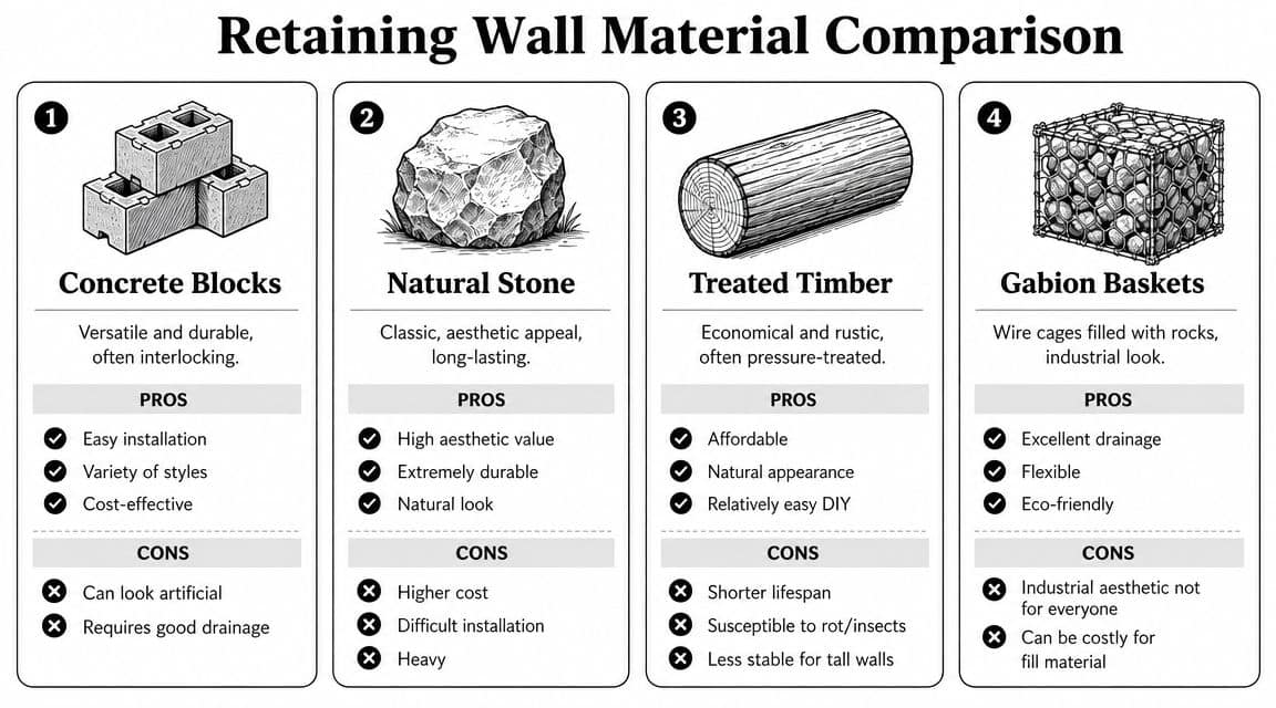 A comparison chart showing pros and cons of concrete blocks, natural stone, treated timber, and gabion baskets.
