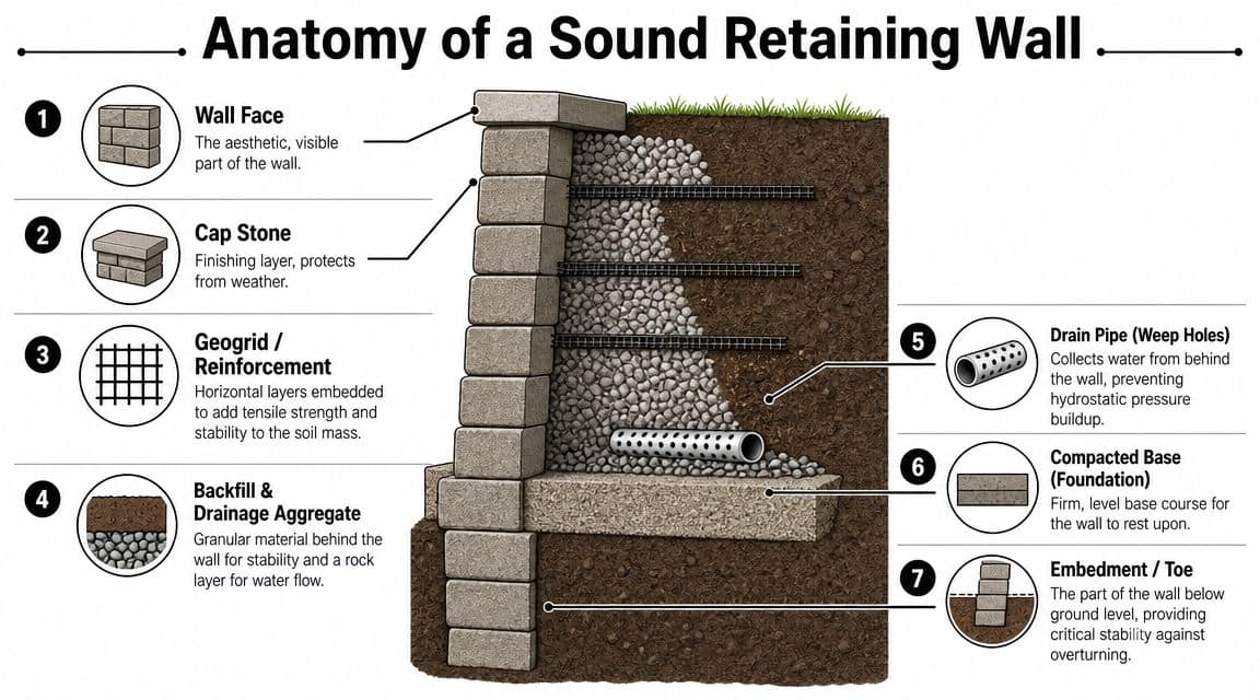 A diagram illustrating the cross-section components of a retaining wall, including stone blocks, geogrid, and drainage.