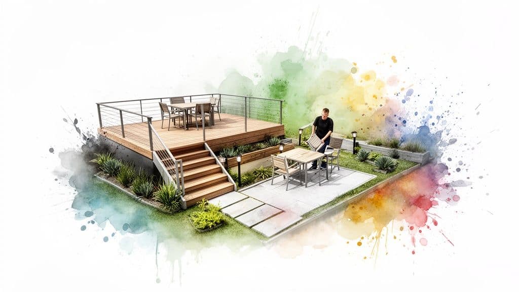 A man sets a chair on a modern patio next to a multi-level wooden deck with landscaping, surrounded by watercolor splashes.