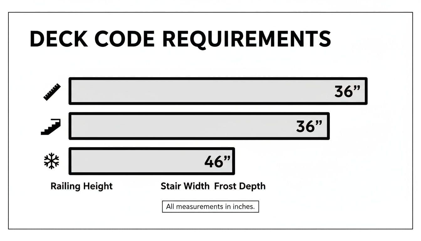 Deck code requirements infographic displaying 36 inches for railing height and stair width, and 46 inches for frost depth.