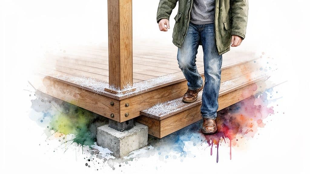 A person walks down wooden deck steps lightly covered in snow, with a watercolor artistic style.