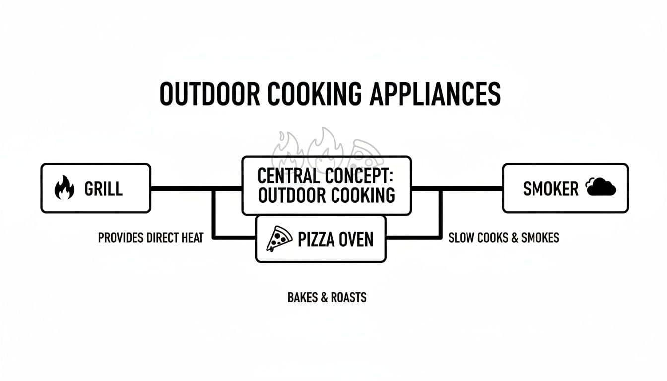 Diagram illustrating outdoor cooking appliances: grill, pizza oven, and smoker, with their functions.