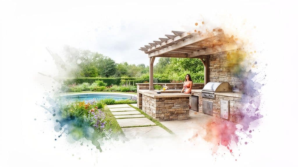 A woman relaxing at a luxurious outdoor kitchen with a pergola, grill, pool, and lush garden.