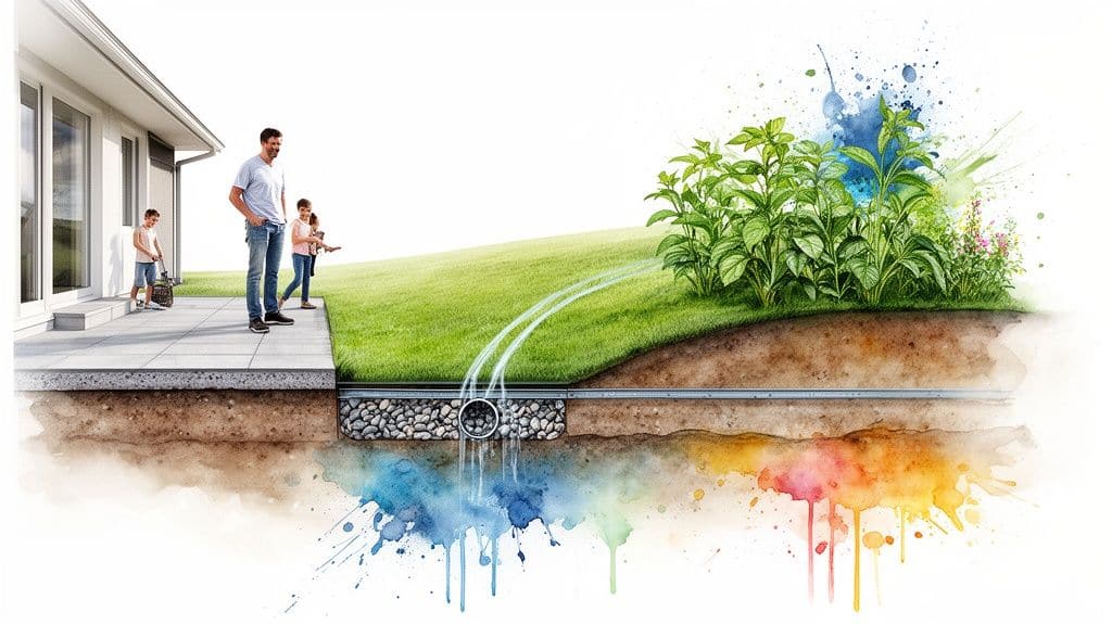 Illustration of a family on a patio with a garden and an underground drainage system showing water flow.