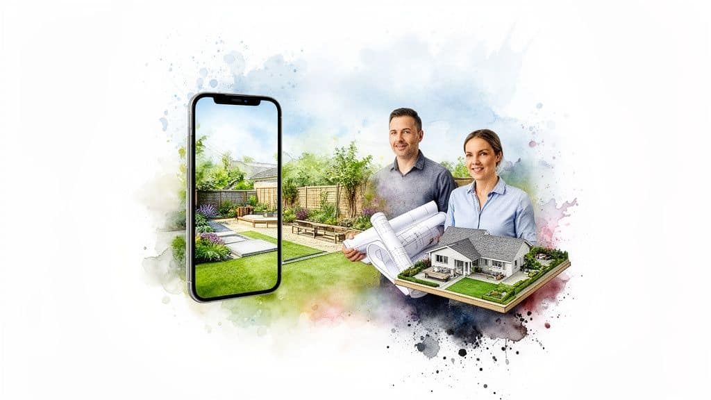 Smiling couple holding landscape design plans and a model home, with a phone showing a beautiful garden.